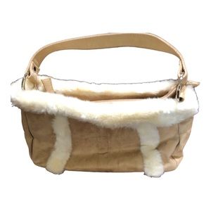 Bath & Body Works Women's Faux Suede Tan/White Faux Fur Trimmed Handled Bag.